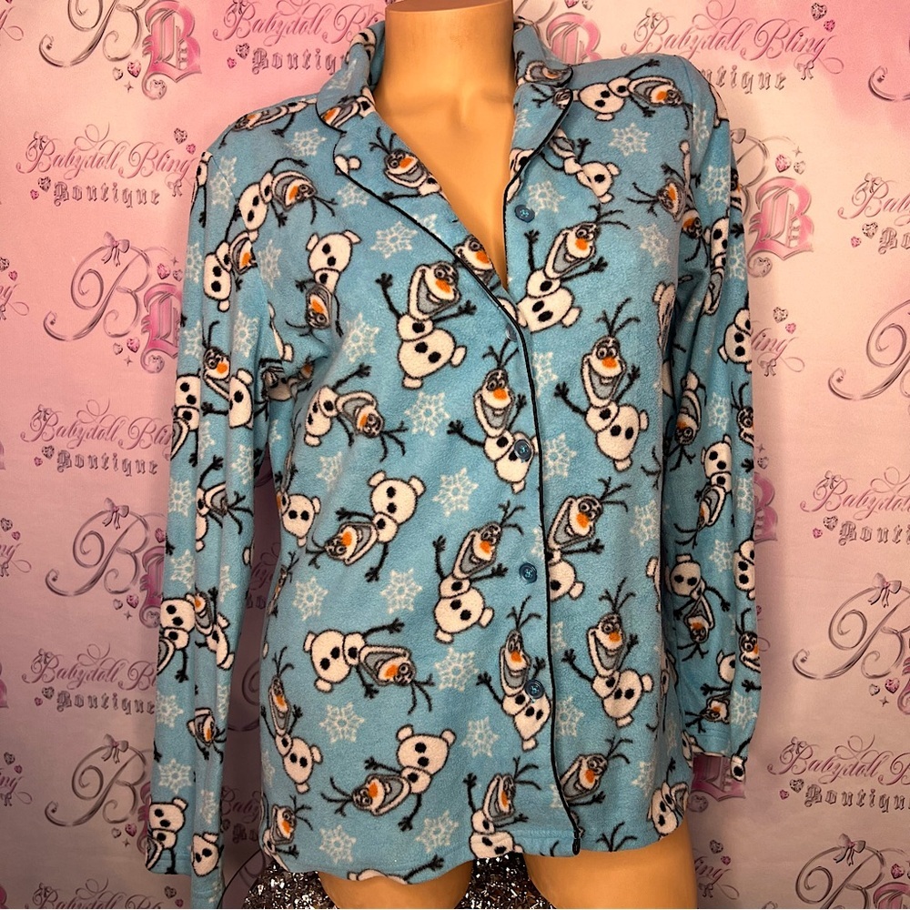 Disney Olaf PJ shirt button up long sleeve fleece soft cozy blue white orange